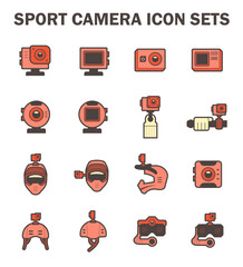 Action camera or action cam vector icon. Include equipment, tool or accessory. Digital camera for shot photo and record media video on card in extreme sport, adventure travel, diving, motorcycle, bike