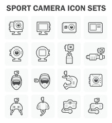 Action camera or action cam vector icon. Include equipment, tool or accessory. Digital camera for shot photo and record media video on card in extreme sport, adventure travel, diving, motorcycle, bike