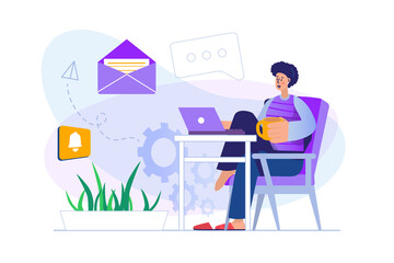 Email service concept with people scene in flat design. Woman receives letter, opens electronic envelope and reads information using laptop. Illustration with character situation for web