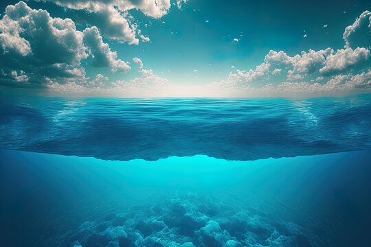 Sea or ocean water is blue both above and below, with a cloudy and sunny sky. Generative AI