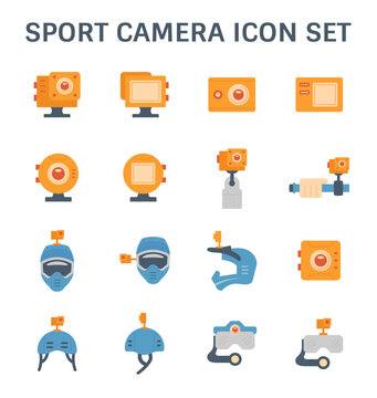 Action camera or action cam vector icon. Include equipment, tool or accessory. Digital camera for shot photo and record media video on card in extreme sport, adventure travel, diving, motorcycle, bike