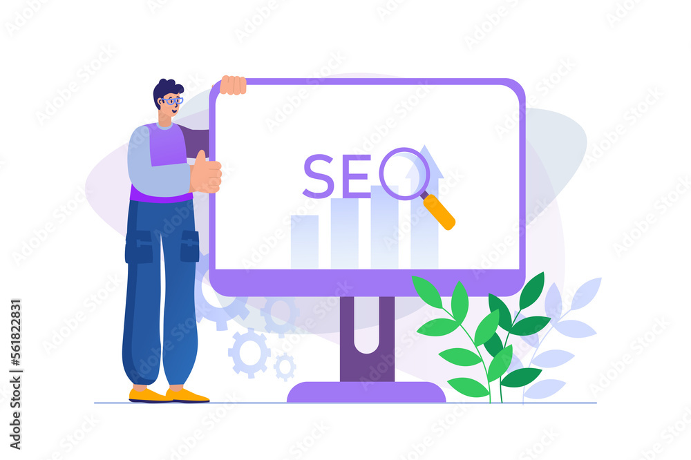 Poster seo analysis concept with people scene in flat design. man analyzes data and site ratings, increases
