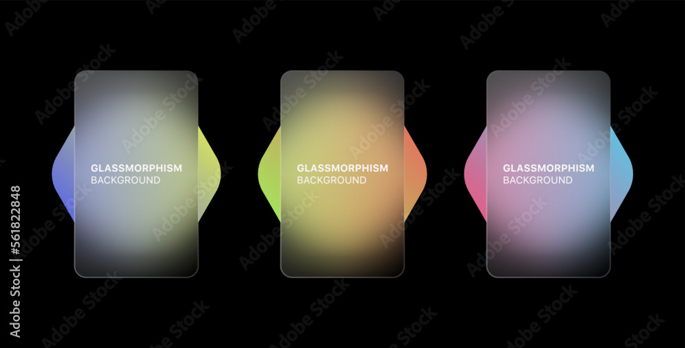 Poster glassmorphism background banner with transparent glass frame template . Realistic Frosted glass morphism effect with blurred abstract gradient geometric shapes. rectangle, hexagon. Vector illustration