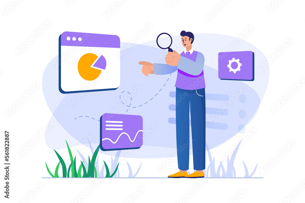 Poster seo analysis concept with people scene in flat design. man analyzes data graphs and ratings, increas