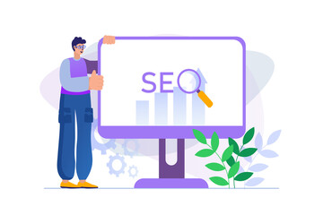 Seo analysis concept with people scene in flat design. Man analyzes data and site ratings, increases traffic and ranking, sets up search system. Illustration with character situation for web