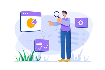 Seo analysis concept with people scene in flat design. Man analyzes data graphs and ratings, increased traffic and ranking, settings search engine. Illustration with character situation for web