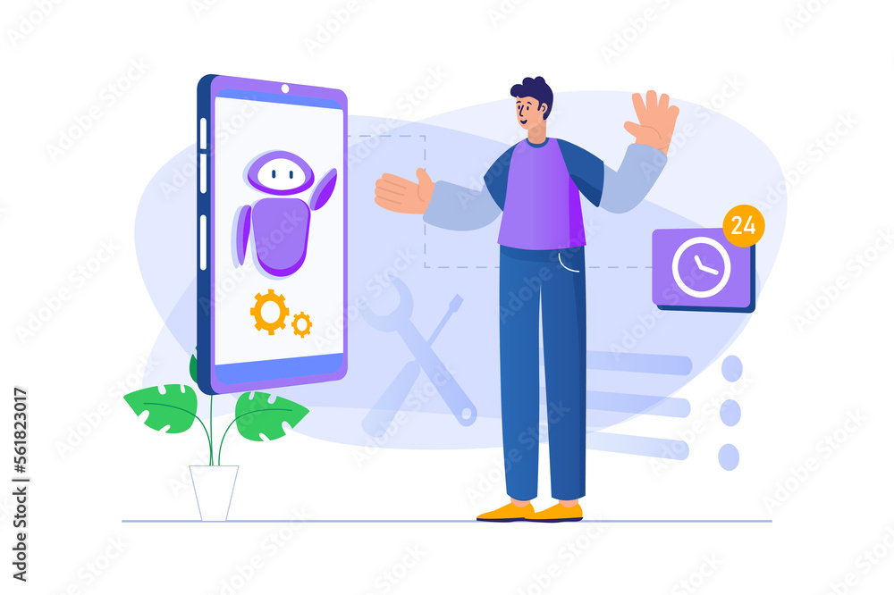 Poster virtual assistant concept with people scene in flat design. man writes to support chat and receives 