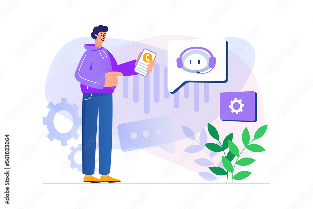 Poster virtual assistant concept with people scene in flat design. man calling support chat and getting ans