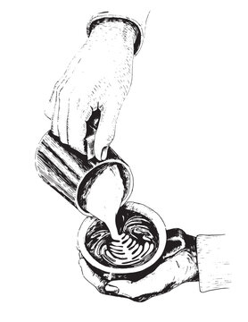 Barista hands making latte art. Hand drawn vector sketch illustration.