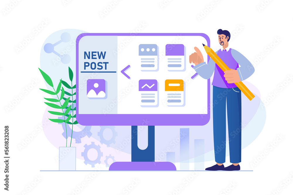 Poster content manager concept with people scene in flat design. man fills blog with content and creates la