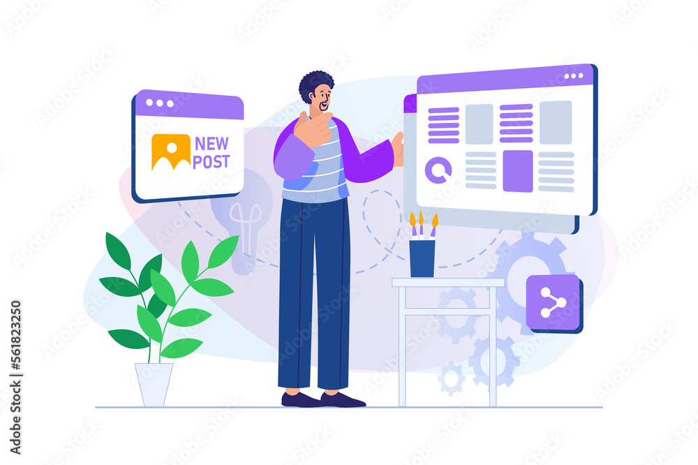 Poster content manager concept with people scene in flat design. man creates content and fills blog with po