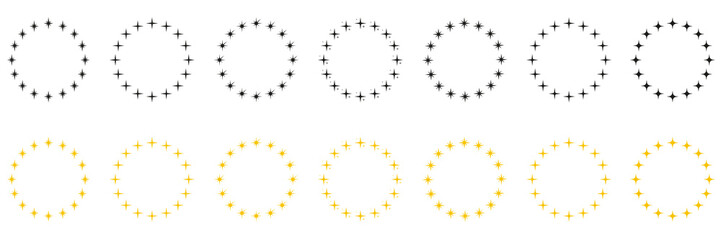 Stars in Circle Shape Silhouette Icon Set. Modern Round Award Frame with Gold and Black Stars Pictogram. Circular Decor Ornament Icon on White Background. Isolated Vector Illustration