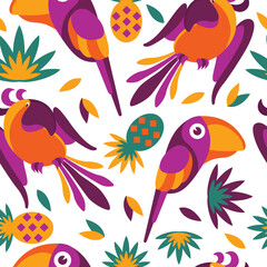 Parrots with pineapples seamless pattern. Creative tropical birds of paradise colorful trees leaves and abstract fruits colored parrot on vector branches.