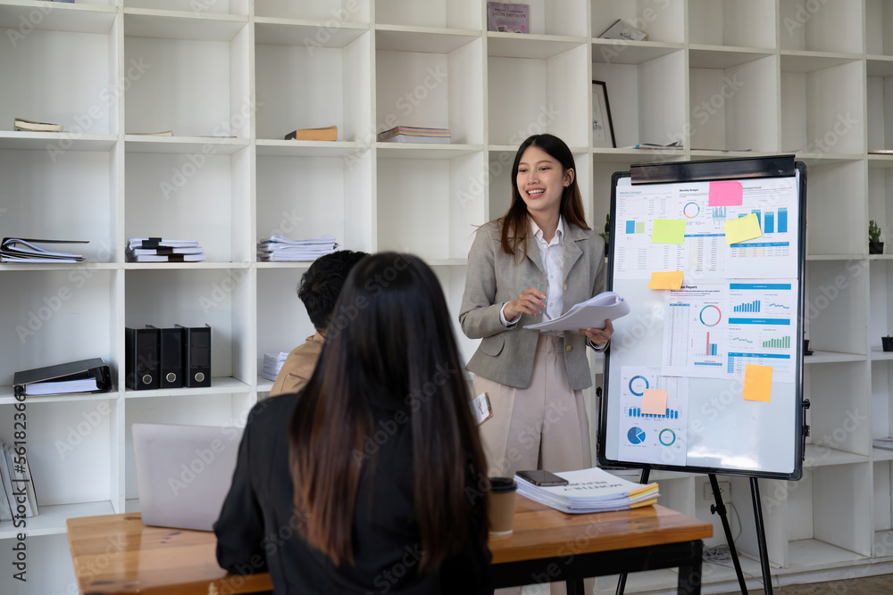Poster business team meeting and presenting business results discussion and analysis data chart and graph, 