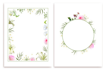 White flowers. Floral background. Wedding invitation. Green leaves. Eustoma. Lilies.