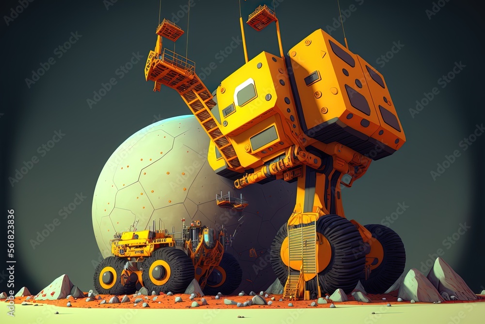 Aufkleber imaginary space mining equipment, robots of the future. generative ai