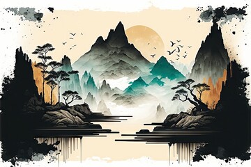 Landscape Chinese and Japanese style design in water color. Generative AI