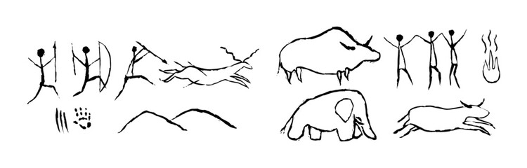 Rock primitive painting of hunting. Prehistoric animal and aboriginal primitive people hunting neanderthal vector ornament
