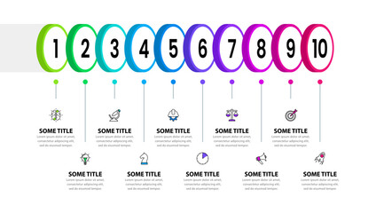 Infographic template. Ten 3d circles with numbers and icons