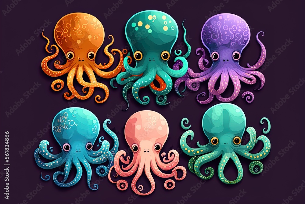 Poster adorable multicolored octopuses and other tentacled marine critters generative ai
