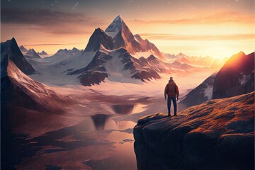 An adventurous man hiker standing at the top of an icy peak with rocky mountains in the background. Generative AI