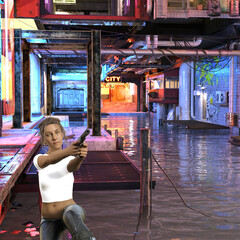 Illustration of a crouching determined looking woman holding a gun pointed straight forward inside an underground facility with flowing water and graffiti.