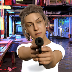 Illustration of a determined looking woman holding a gun pointed straight forward inside an underground facility with flowing water and graffiti.