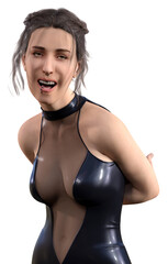 Illustration of a woman wearing a skimpy outfit leaning forward with a nose and lip ring open mouthed on a white background.