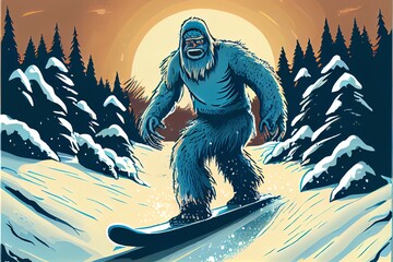 An illustration of a bigfoot (yeti) riding a snowboard. Generative AI