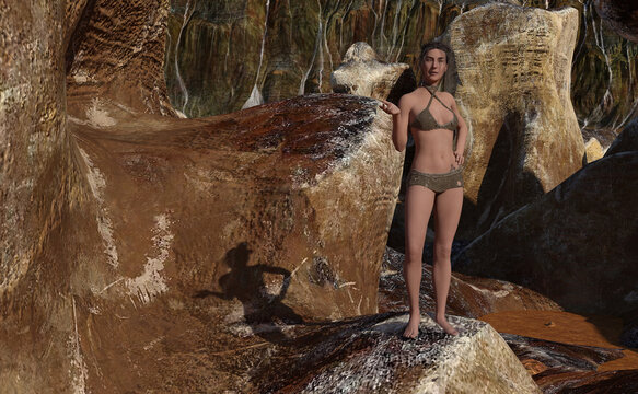 Illustration of a woman standing on rocky terrain wearing a cavewoman outfit plus a tattoo with one hand up in a what is going on pose.