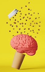 Human brain floating coffee beans explosion paper cup 3D rendering yellow. Energy charge creative idea imagination solution concept. Memory improvement mind boost. Caffeine hot drinks health benefits.