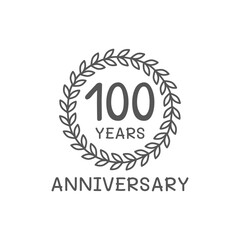 100 years anniversary logo with laurel wreath frame. 100th birthday celebration icon or badge. Vector illustration
