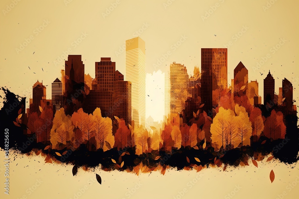 Poster cityscape in the fall buildings in a cityscape as a backdrop generative ai