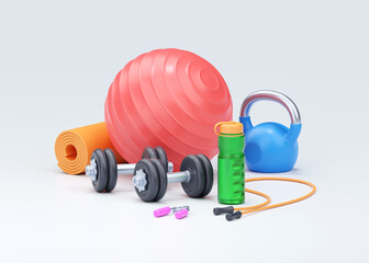 Fitness 3d render illustration - fit dumbbell, realistic water bottle and fit ball with kettlebell