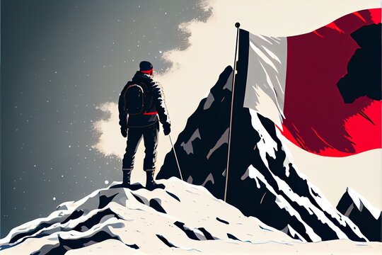 A concept illustration of a mountain climber looking at a flag on top of a snowy mountain. Generative AI