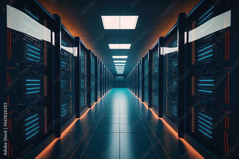 Poster photograph of a corridor in a working data center filled with supercomputers , rack servers and a pr
