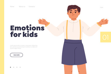 Emotions for kids concept of landing page with small boy confused shrugging shoulders