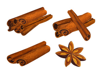 Watercolor cinnamon sticks and anise stars spices set. Hand-drawn illustration isolated on white background. Perfect concept for cafe for cooking and confectionery, restaurant, menu, cards.