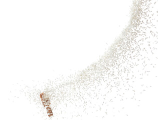 Japanese Rice in sack bag flying explosion, white grain rices fall abstract fly. Beautiful complete...
