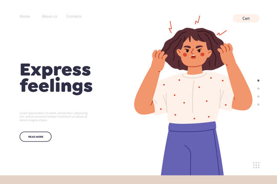 Express feelings concept of landing page with angry small girl scream. Child in tantrum aggressive