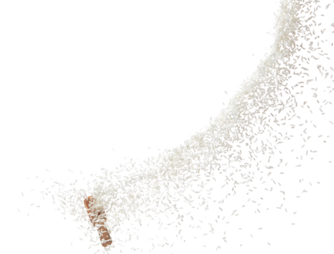 Japanese Rice in sack bag flying explosion, white grain rices fall abstract fly. Beautiful complete seed rice bag splash in air, food object design. White background isolated, high speed freeze motion