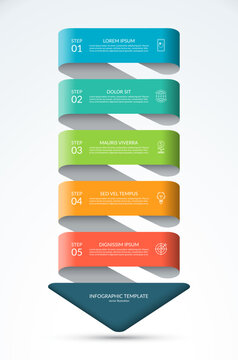 Down arrow infographic concept. Business template with 5 steps, options, parts. Can be used for diagram, chart, web design. Vector illustration.