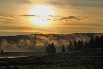 Obraz premium Foggy Yellowstone sunrise.