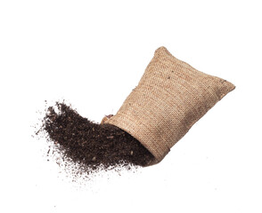 Black dried leave Tea fly in sack bag. Small Fine size tea leaf flying explosion, Abstract cloud...