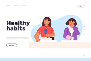 Healthy habits concept of landing page with small girl kids brushing hair and teeth in bathroom