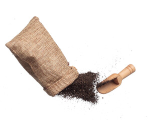 Black dried leave Tea fly in sack bag. Small Fine size tea leaf flying explosion, Abstract cloud...