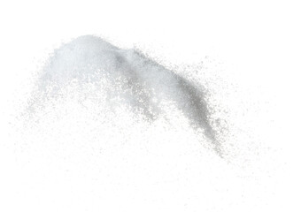 Pure Refined Sugar flying explosion, white crystal sugar abstract cloud fly. Pure refined sugar splash stop in air, food object design. white background isolated high speed freeze motion