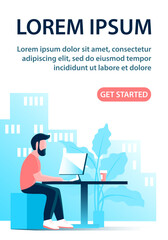 Young businessman in tie works in the office. Sits at the table with a laptop. Concept work and business. Design for poster, banner, website. Vector illustration