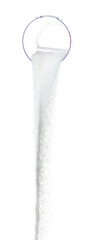Pure refined Sugar in measured cup, white crystal sugar fall line down. Pure refined sugar stop in...
