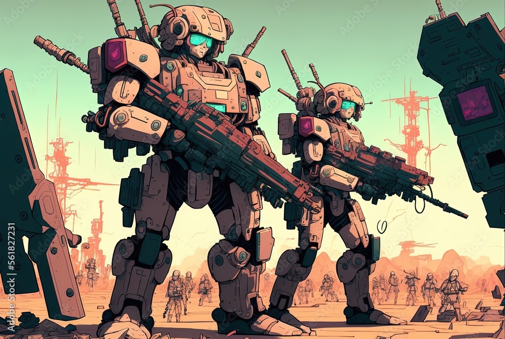 Poster cartoon depicting robots and human troops outfitted with robotic exoskeletons and weapons generative